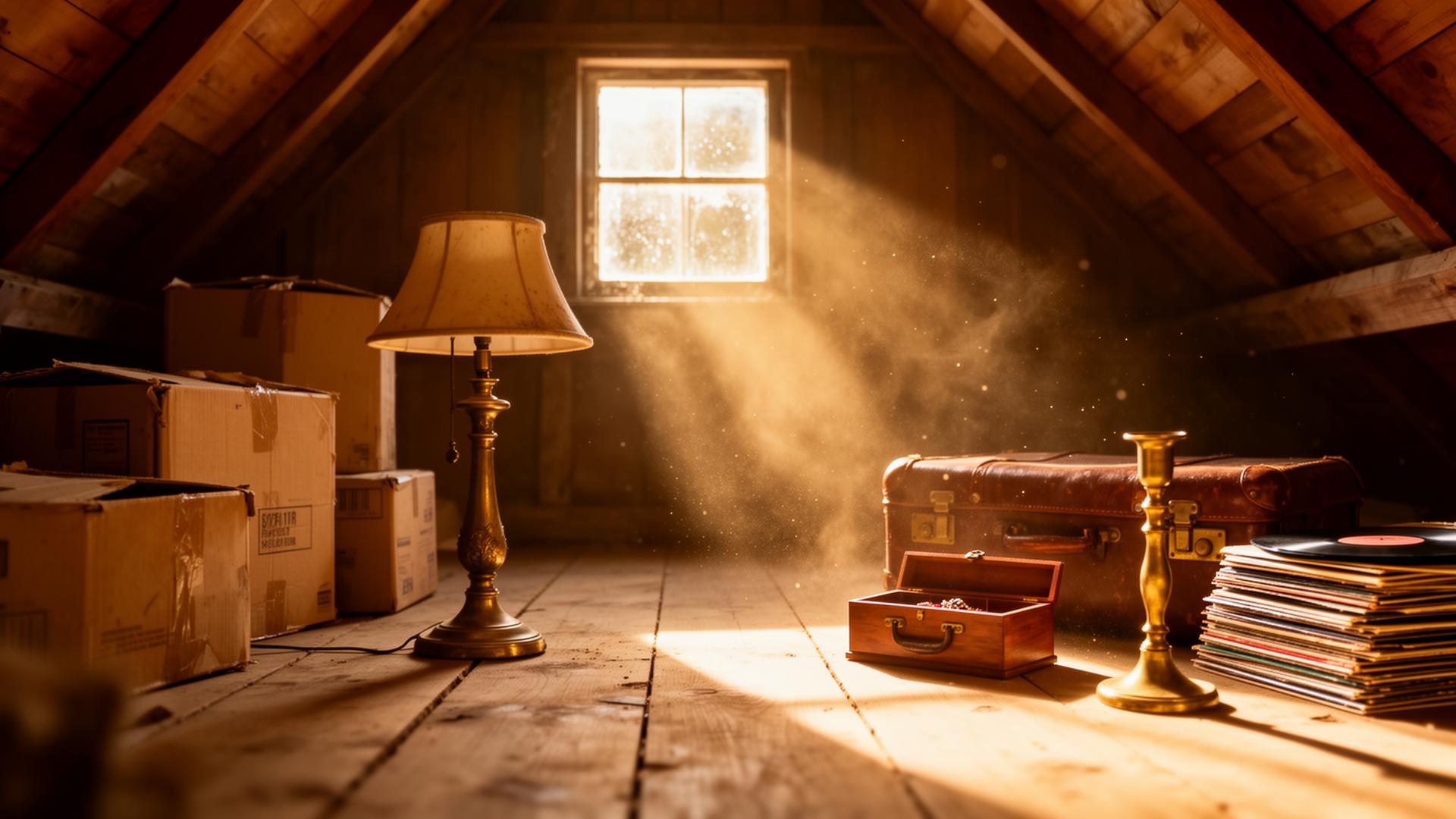 A sunlit attic with vintage suitcases, a brass lamp, a jewellery box and a stack of vinyl records — items waiting to be appraised