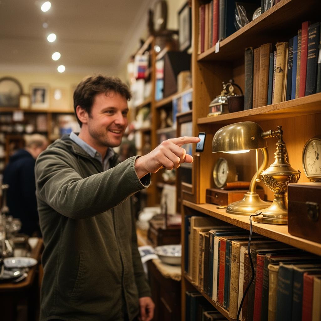 A man pointing his phone camera at a brass desk lamp inside a charity shop