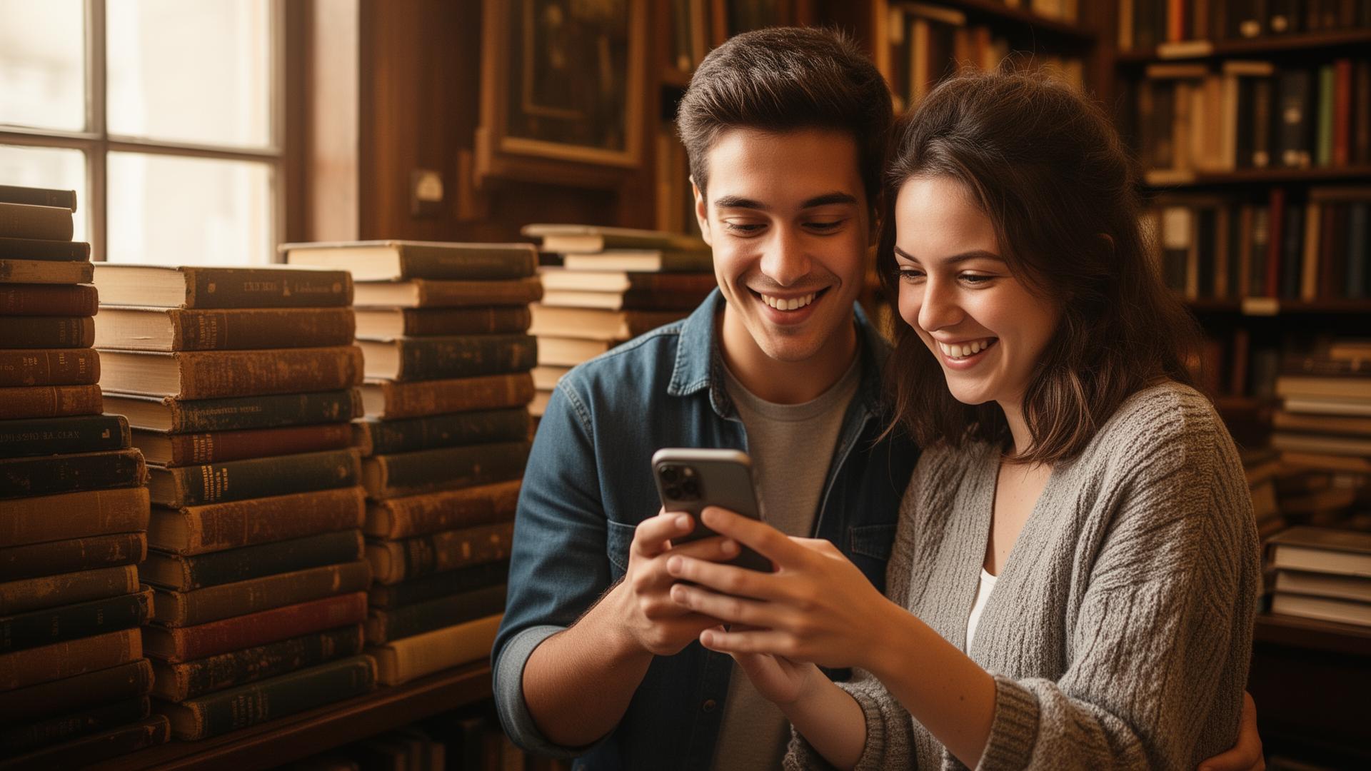 A couple smiling at a phone screen after running an appraisal in a vintage bookshop