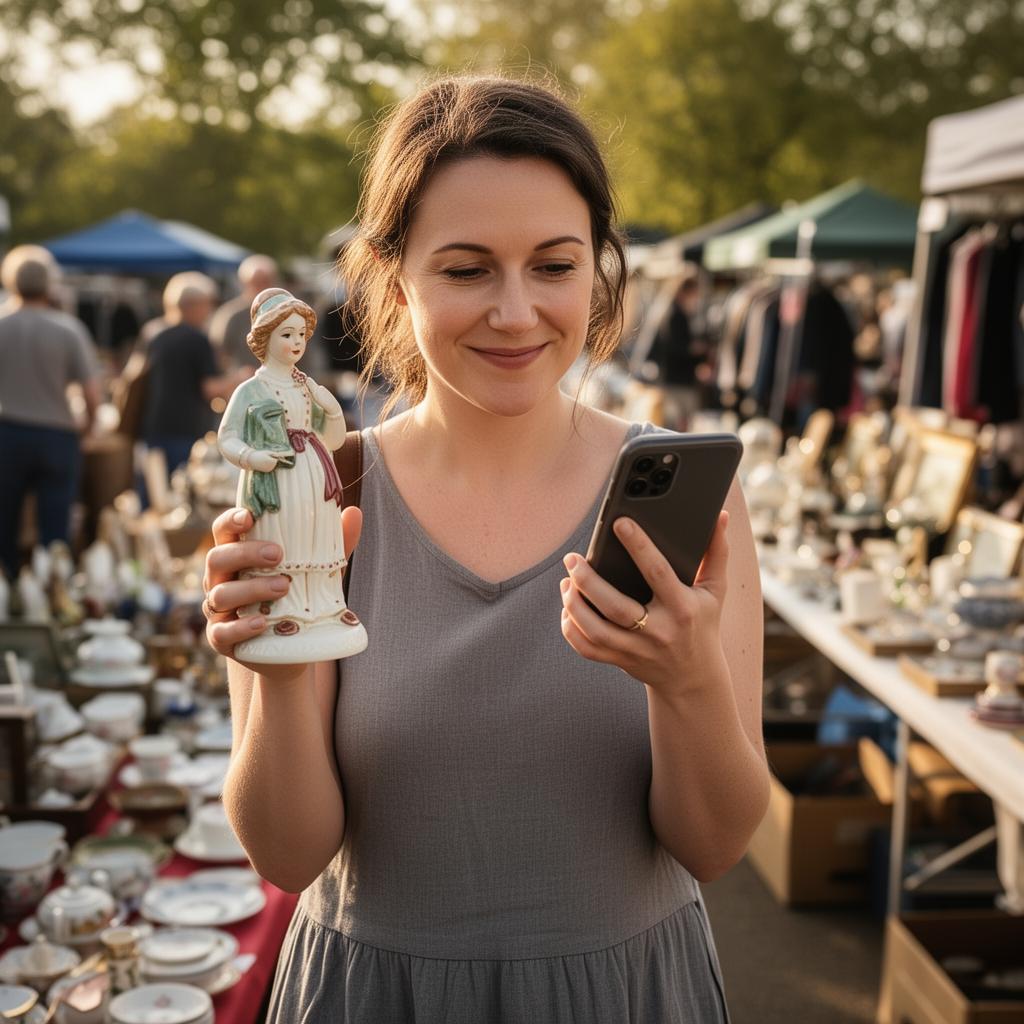 A woman at a car boot sale holding a figurine and checking her phone